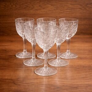 Set of 6 Cut Glass 6" Goblets Starburst Pattern Clear Vintage Style Wine Glasses